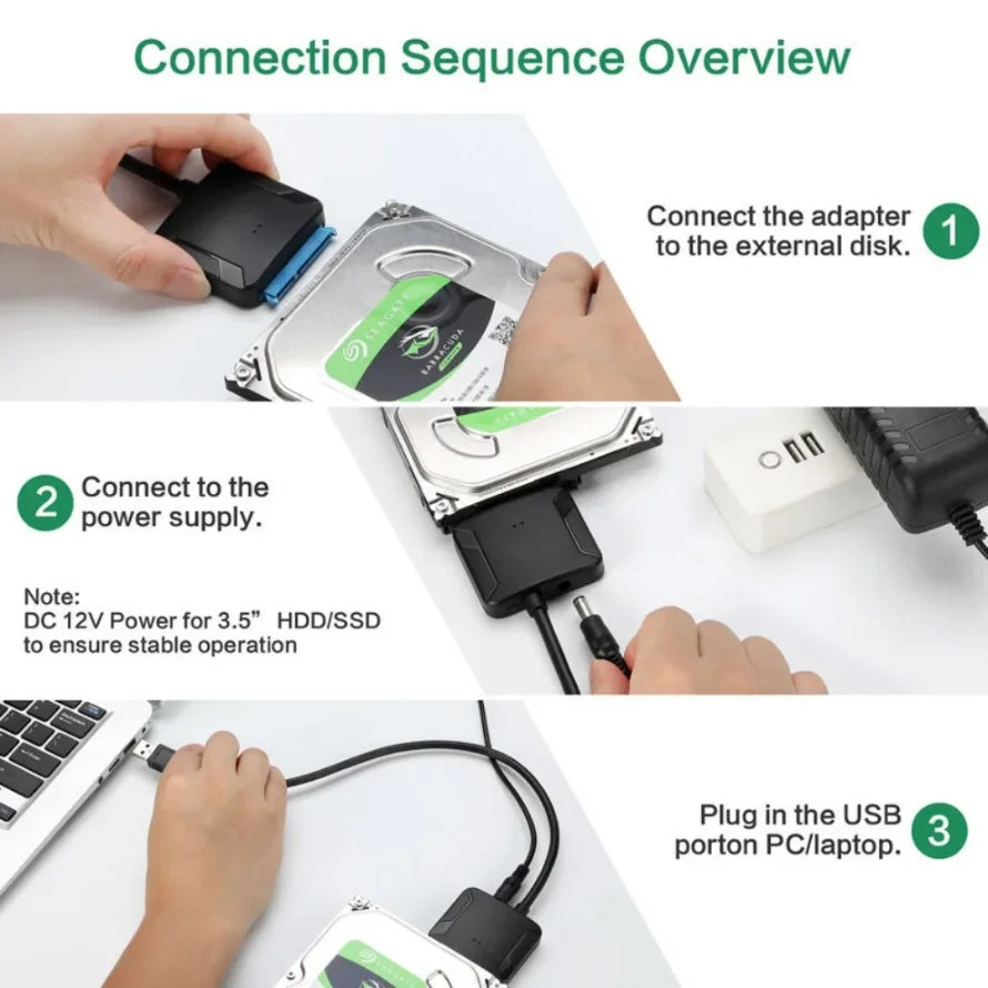 SATA to USB 3.0 Adapter Cable 12V Power Adapter Included SATA III Hard Drive Disk Converter UASP Support for3.5/2.5 Inch SSD HDD